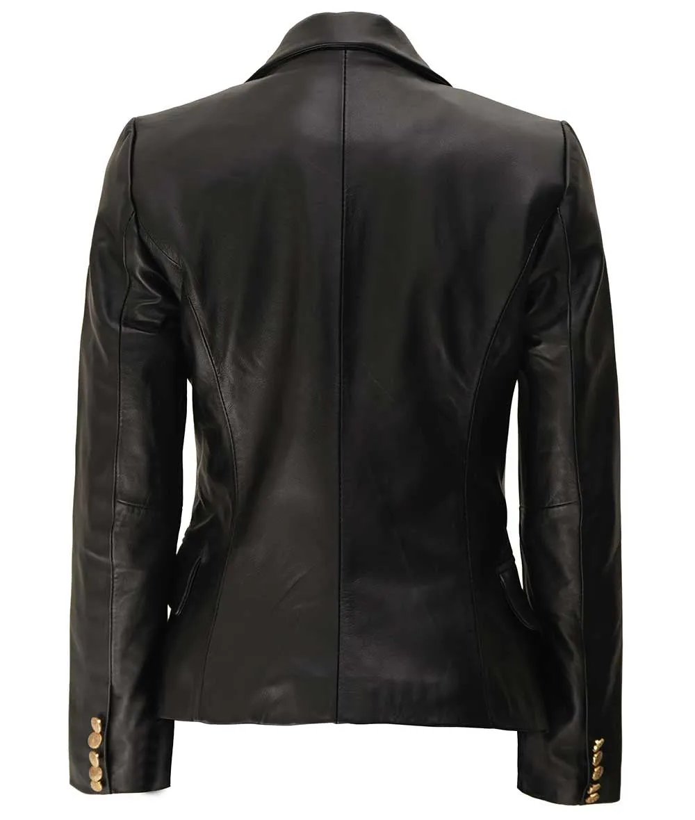 Kim Black Leather Blazer for Women  Double Breasted