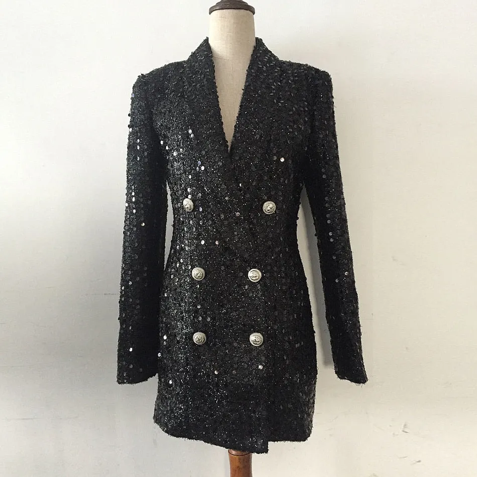 Ladies high quality fashion designer long blazer glitter double buttons black blazer