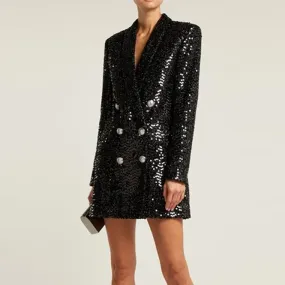 Ladies high quality fashion designer long blazer glitter double buttons black blazer
