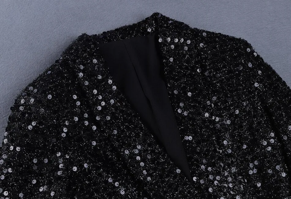 Ladies high quality fashion designer long blazer glitter double buttons black blazer