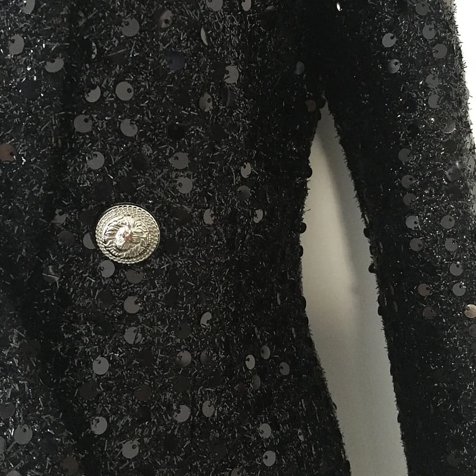 Ladies high quality fashion designer long blazer glitter double buttons black blazer