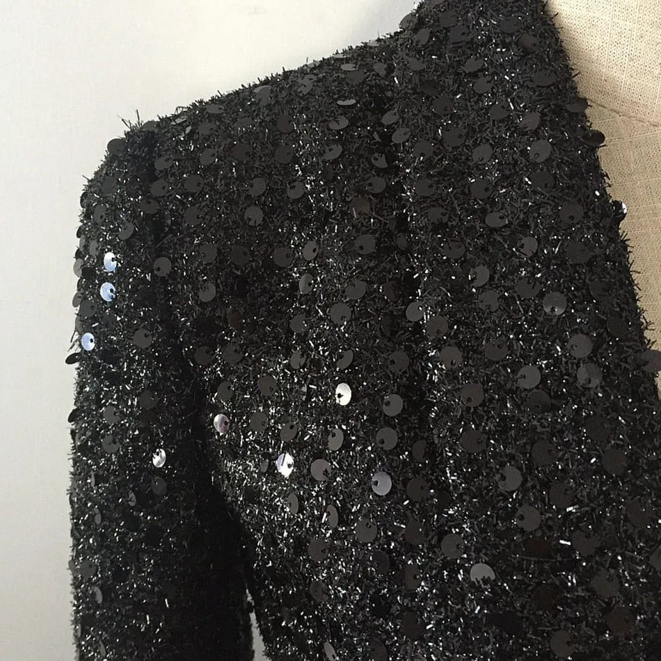 Ladies high quality fashion designer long blazer glitter double buttons black blazer