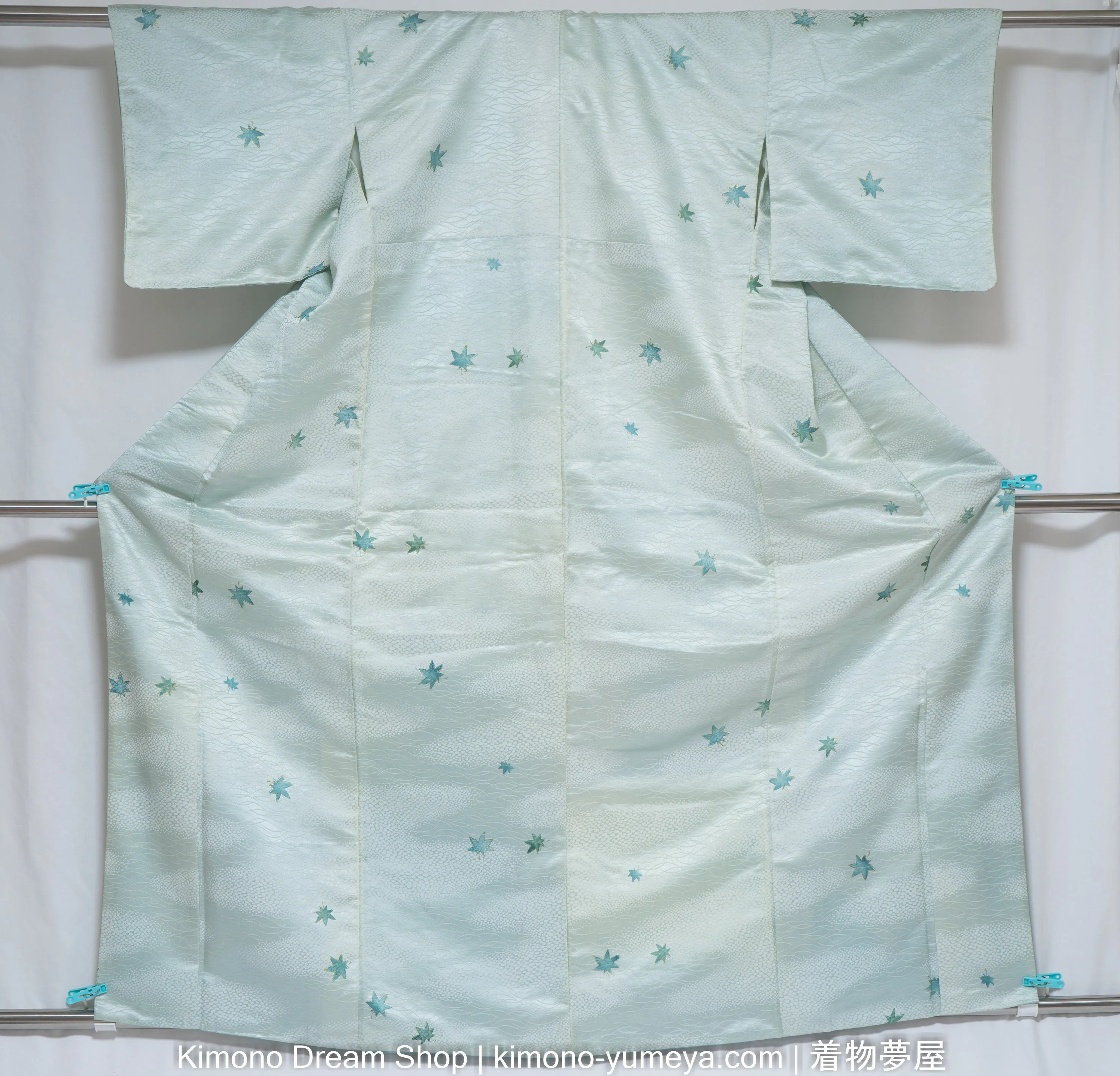 Light Blue Polyester Komon Kimono - Washable Kimono - Japanese Gown - Small Blue Leaves