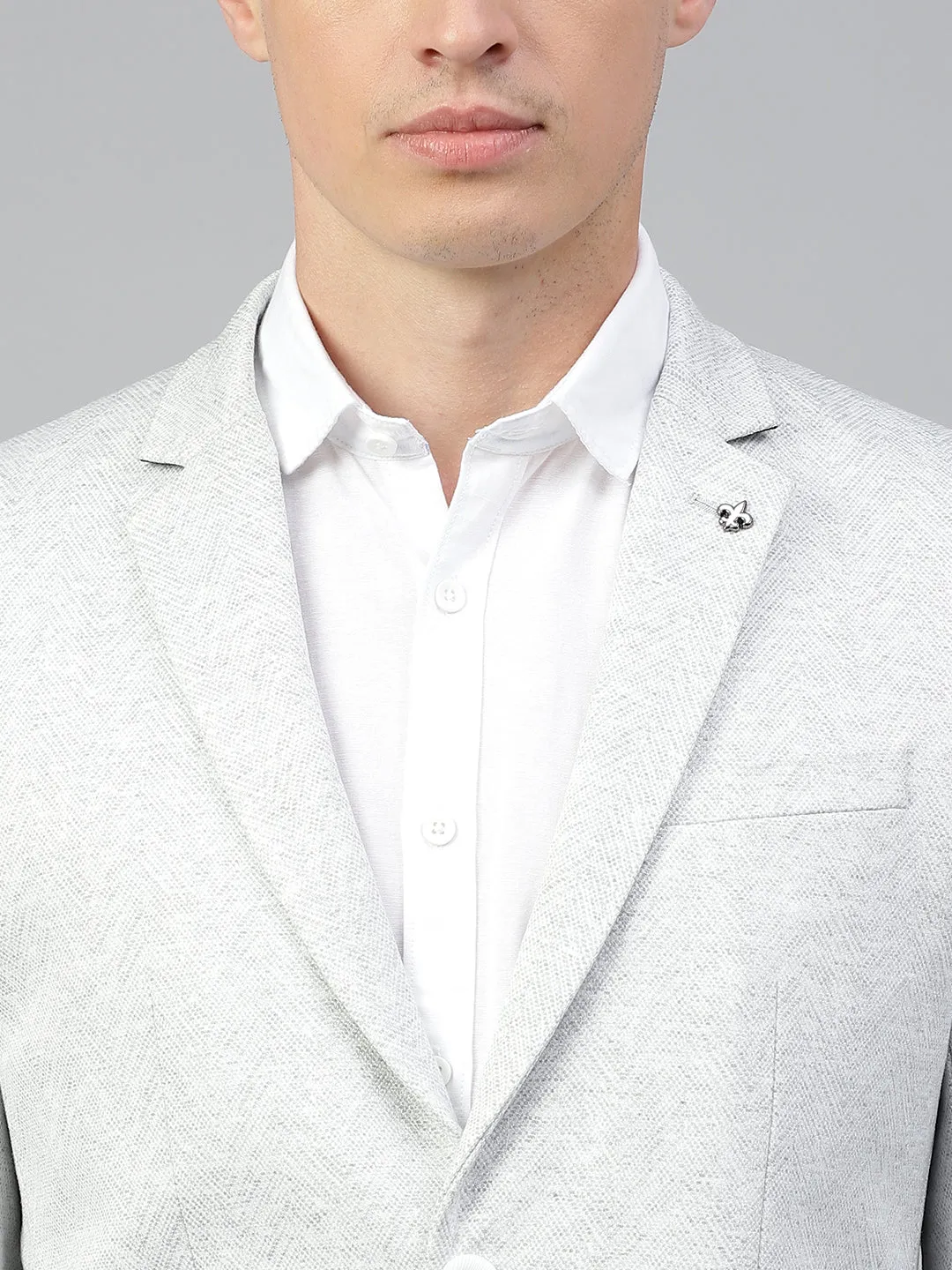 Men Light Grey Regular Fit Solid Notched Lapel Casual Blazer