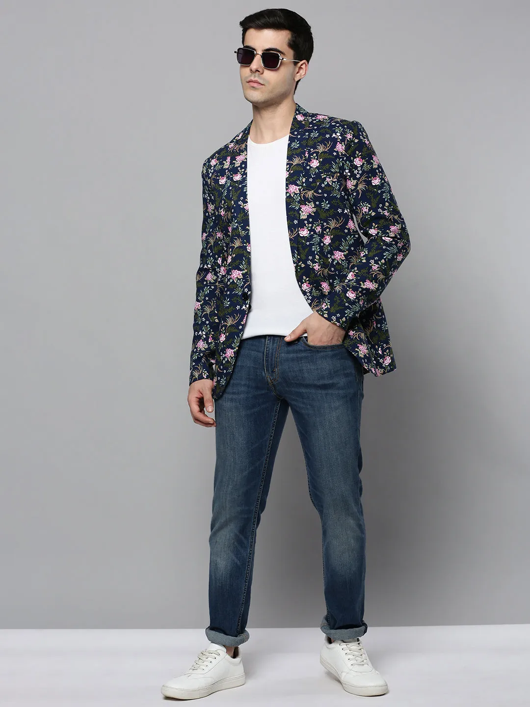 Men Navy Printed Blazer