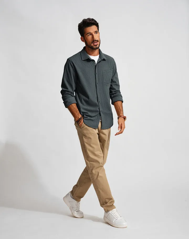 Men Stylish Textured Shirt Long Sleeve Classic Collar Button-up Tops