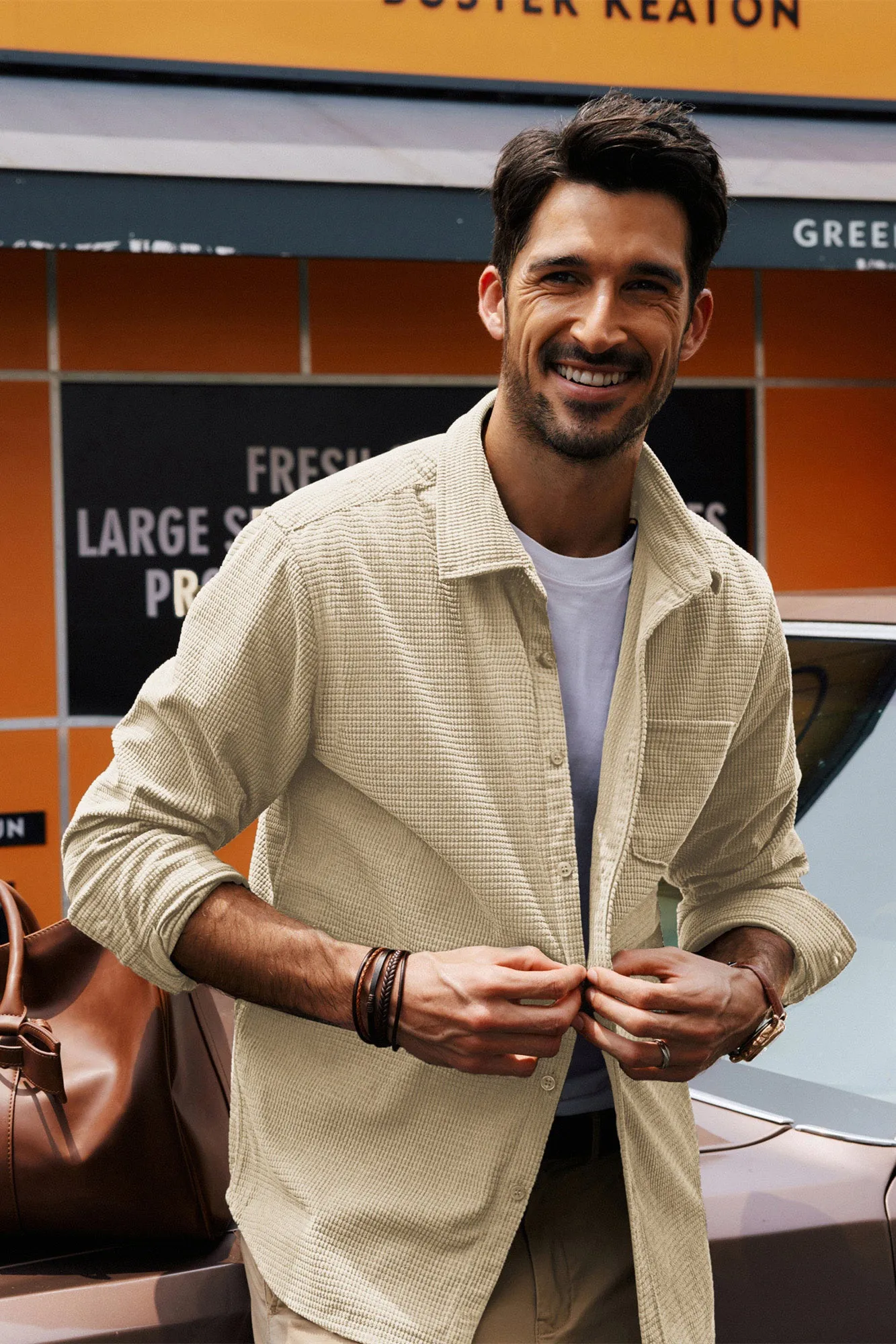 Men Stylish Textured Shirt Long Sleeve Classic Collar Button-up Tops