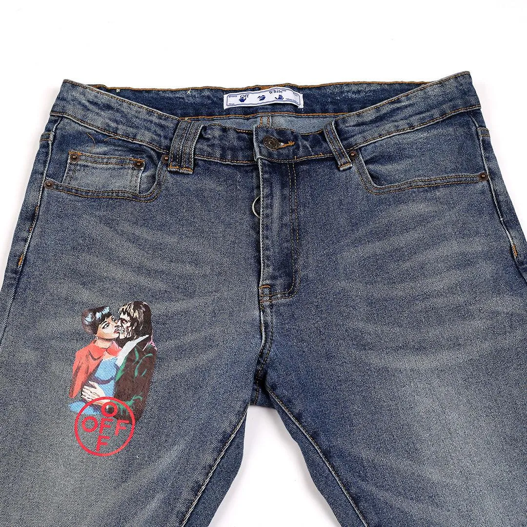 Men's Authentic Off Animated Print Designed Jean - Blue