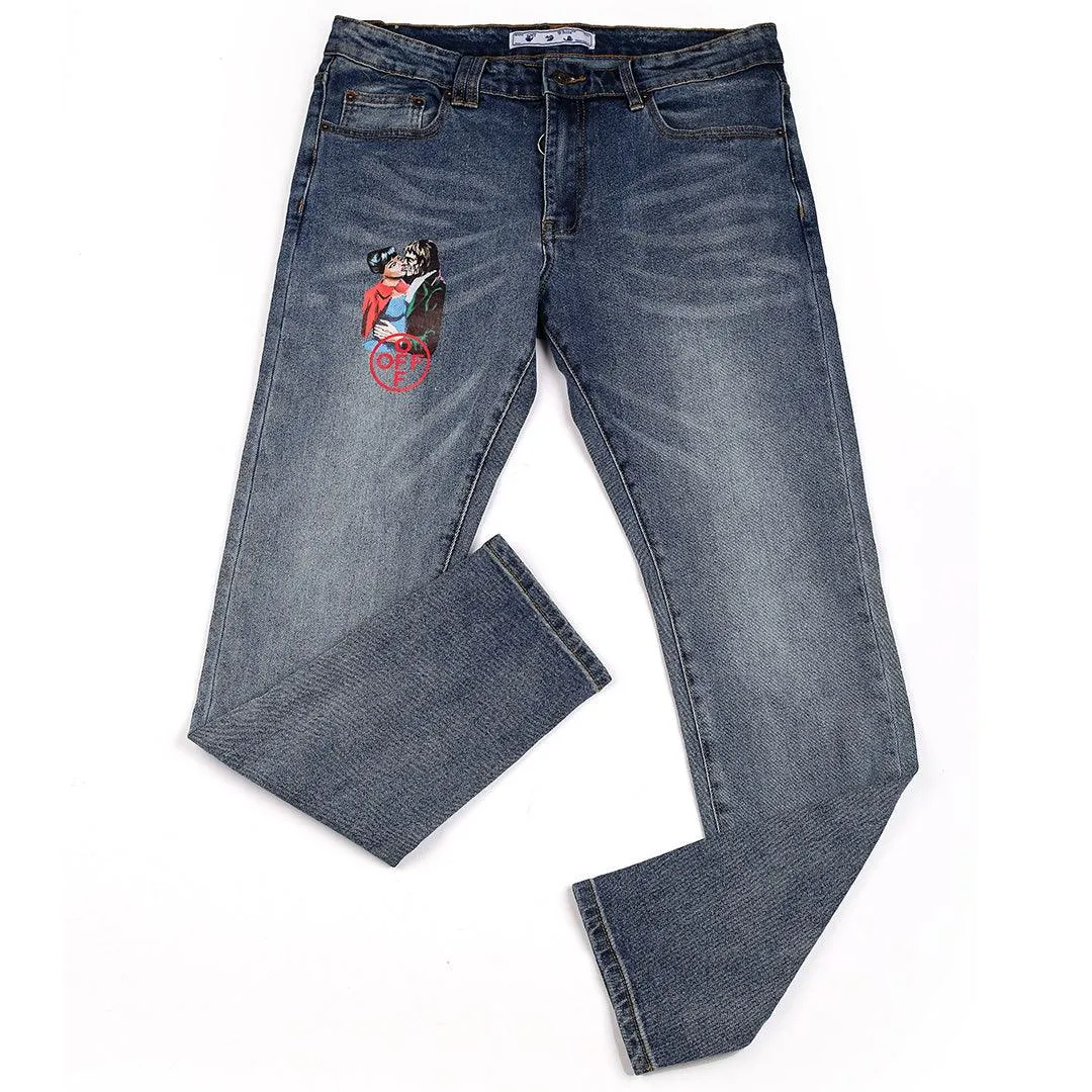 Men's Authentic Off Animated Print Designed Jean - Blue