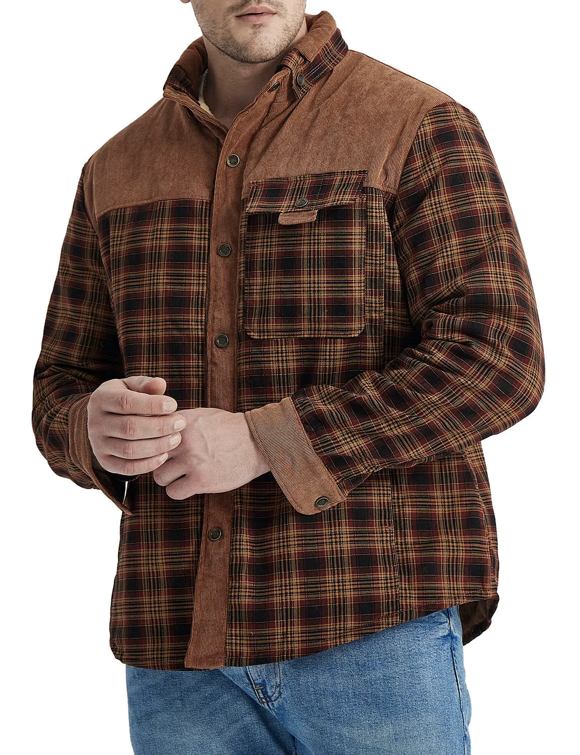 Men's Casual Plaid Flannel Fur Lined Button Up Long Sleeve Warm Shirt Jacket