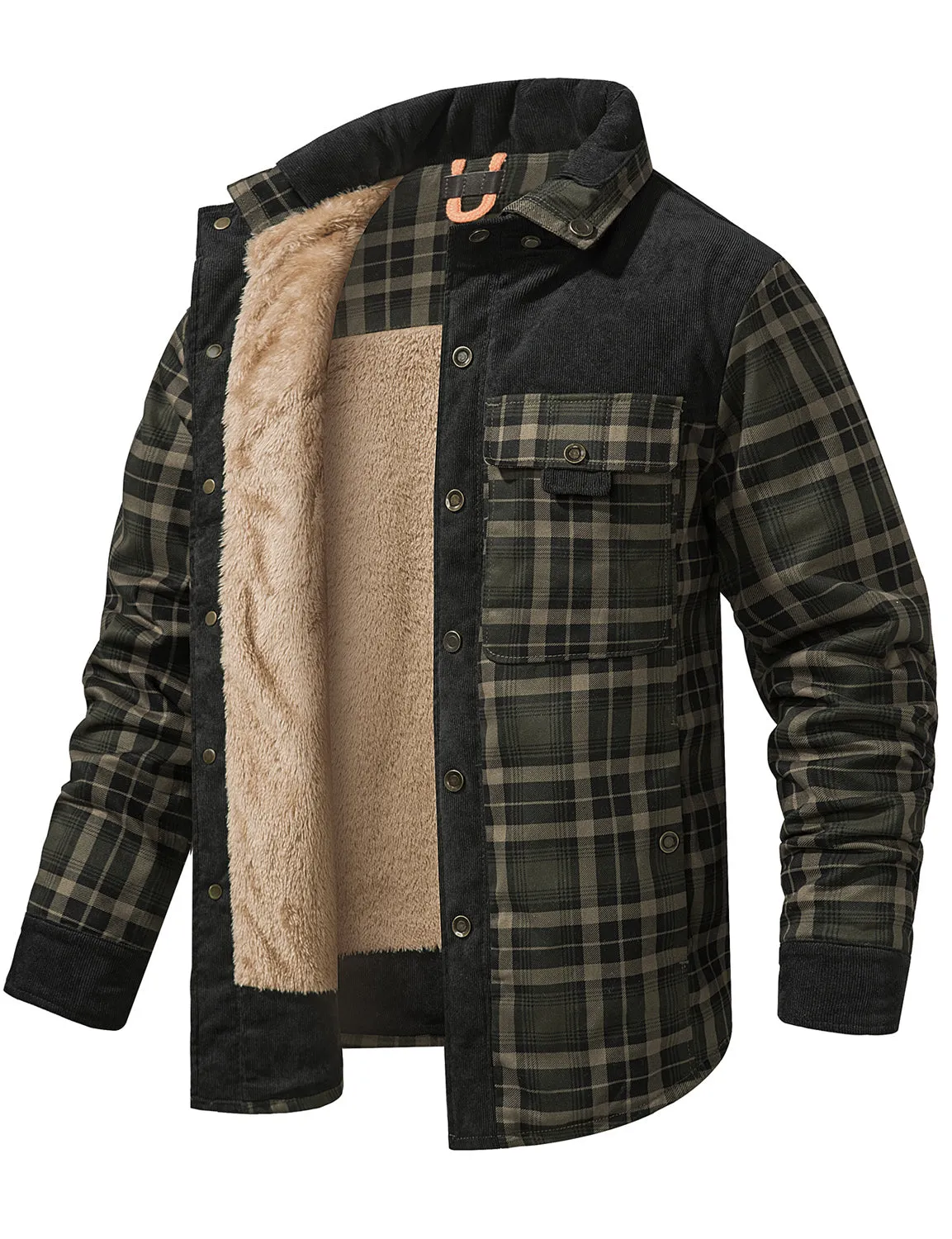 Men's Casual Plaid Flannel Fur Lined Button Up Long Sleeve Warm Shirt Jacket