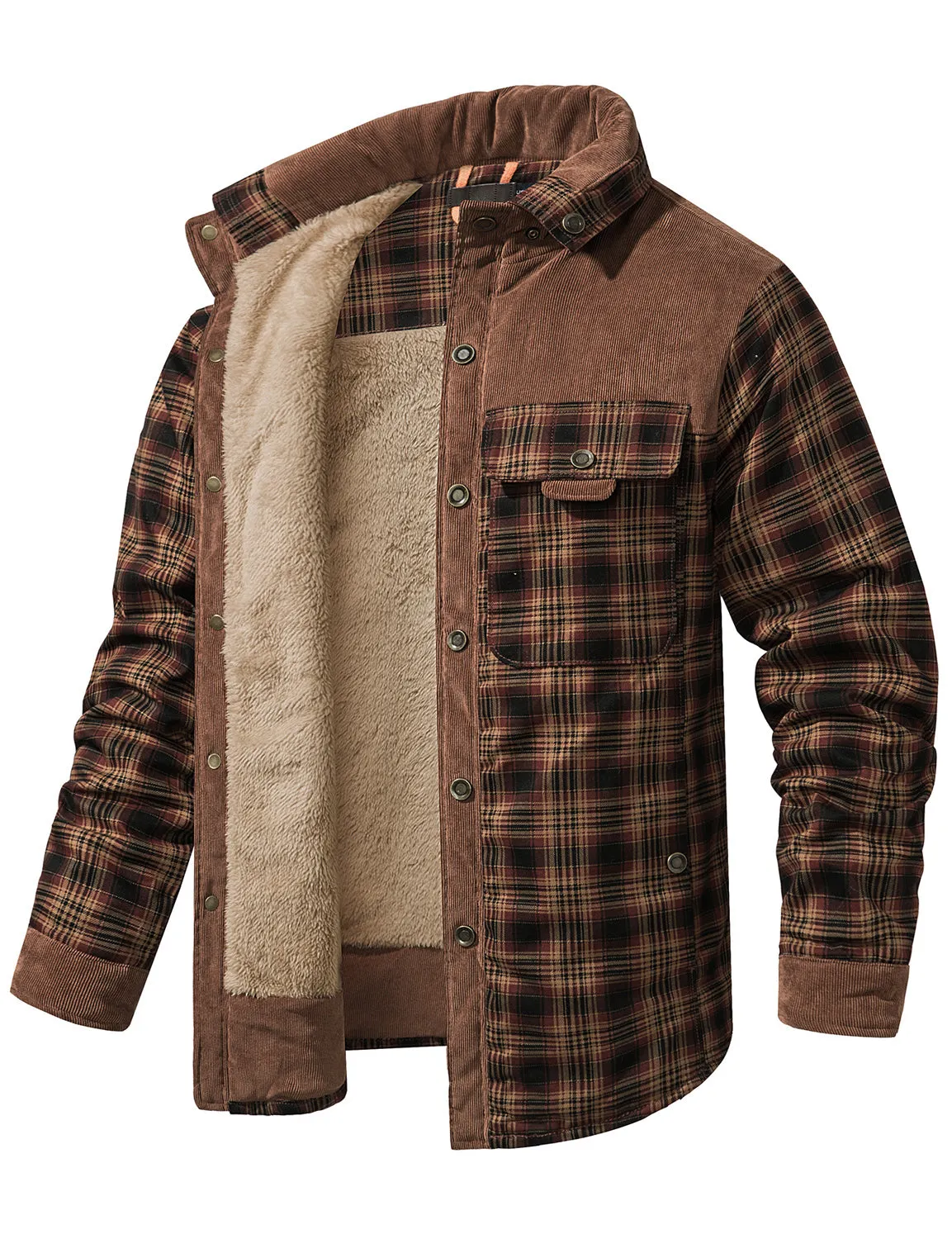 Men's Casual Plaid Flannel Fur Lined Button Up Long Sleeve Warm Shirt Jacket