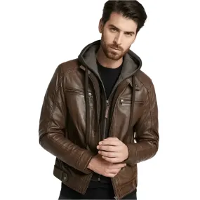 Men's Hooded Brown Leather Jacket – Casual & Stylish