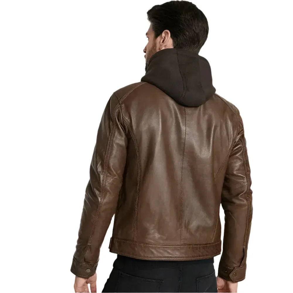 Men's Hooded Brown Leather Jacket – Casual & Stylish