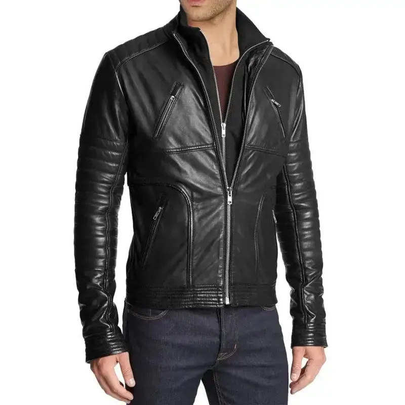 Men's Slim Fit Black Leather Motorcycle Jacket