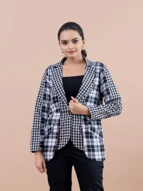 modish yarn dyed cotton checked stylized lapel collared jacket with 3\4 sleeve and handy pockets.- Black