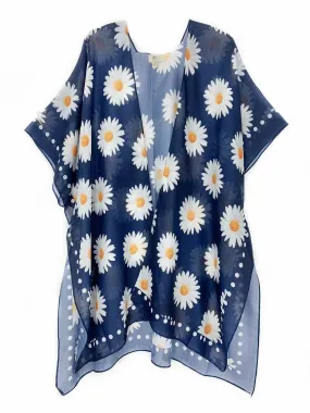 Navy-White Daisy Border Accent Kimono