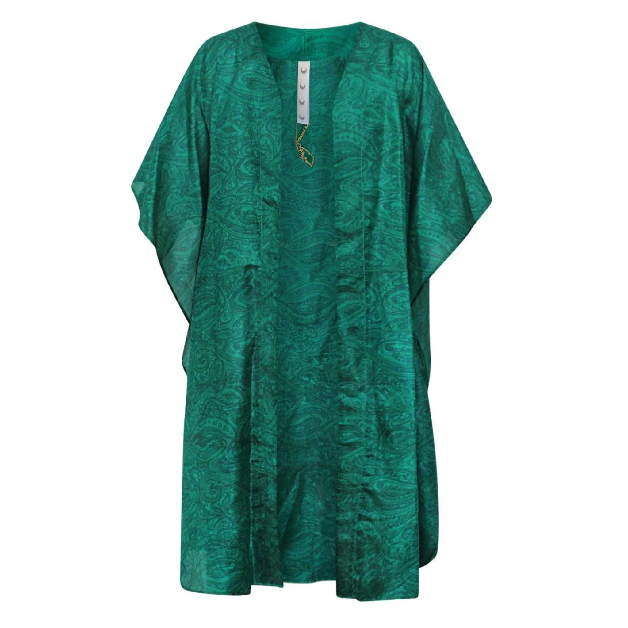 Neem - Vintage Silk Sari Emerald Paisley Print Kimono Style  Wrap Dress