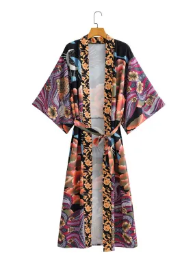 Partywear Long Kimono Floral   Moon Print Multicolor Polyester Gown Robe Kimono Duster Robe