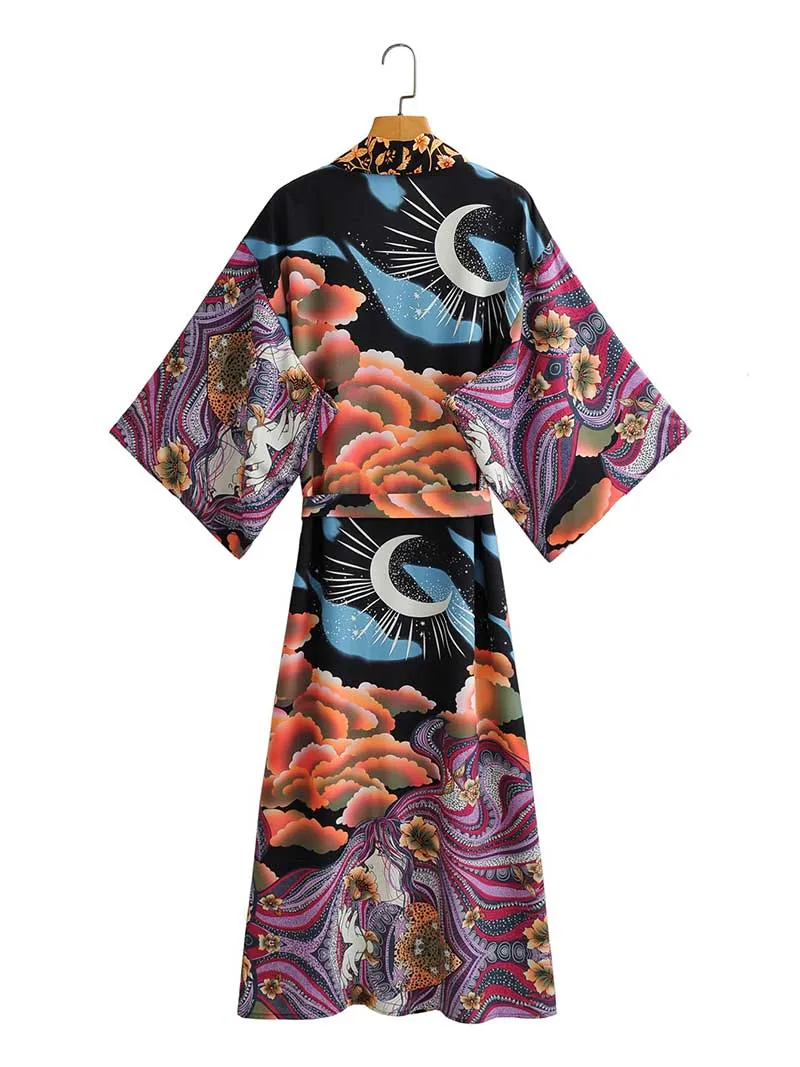 Partywear Long Kimono Floral   Moon Print Multicolor Polyester Gown Robe Kimono Duster Robe