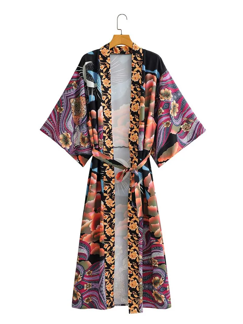 Partywear Long Kimono Floral   Moon Print Multicolor Polyester Gown Robe Kimono Duster Robe
