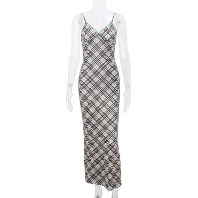 Patsy Spaghetti Strap Grid Long Dress