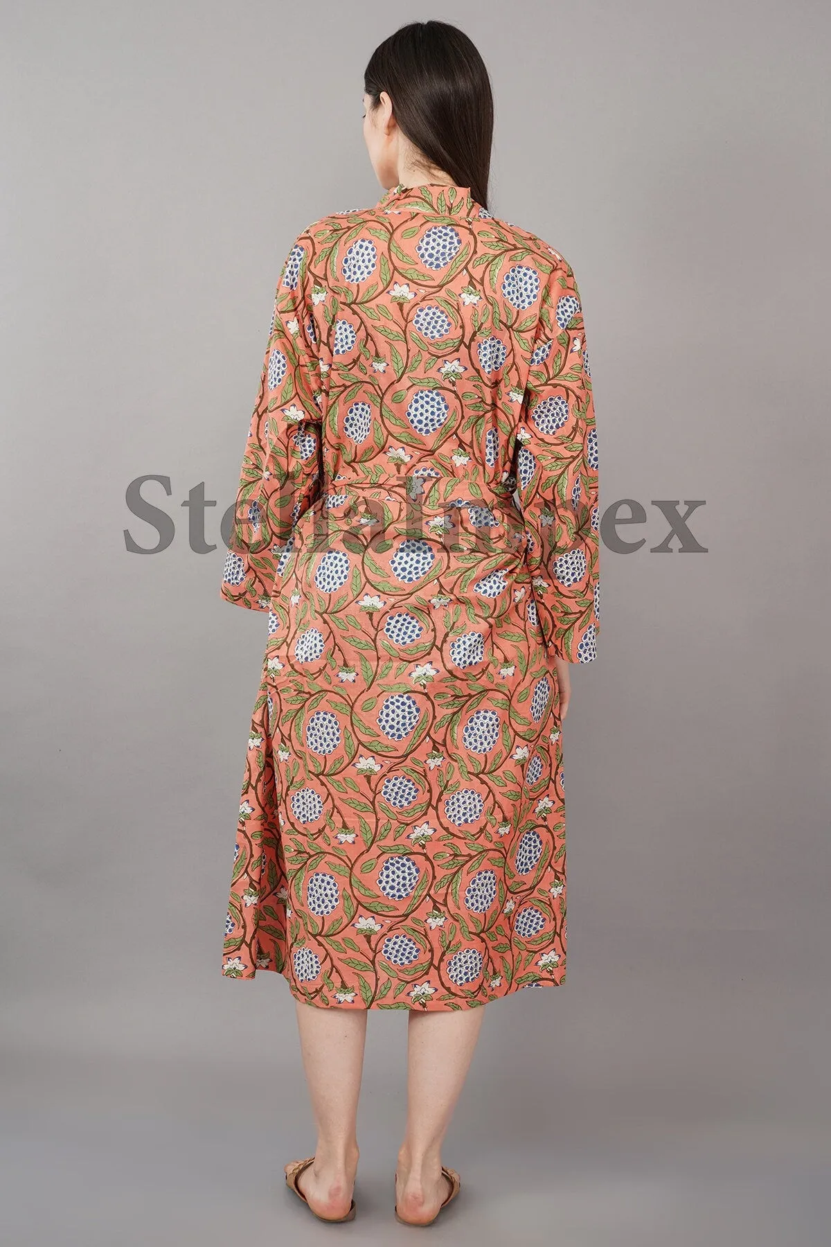 Peach & Blue Hand Block Print Elegant Cotton Kimono Bathrobe Resort Wear Beach Bikini Cover-ups Boho Kimono Bathrobe, Gift for Her