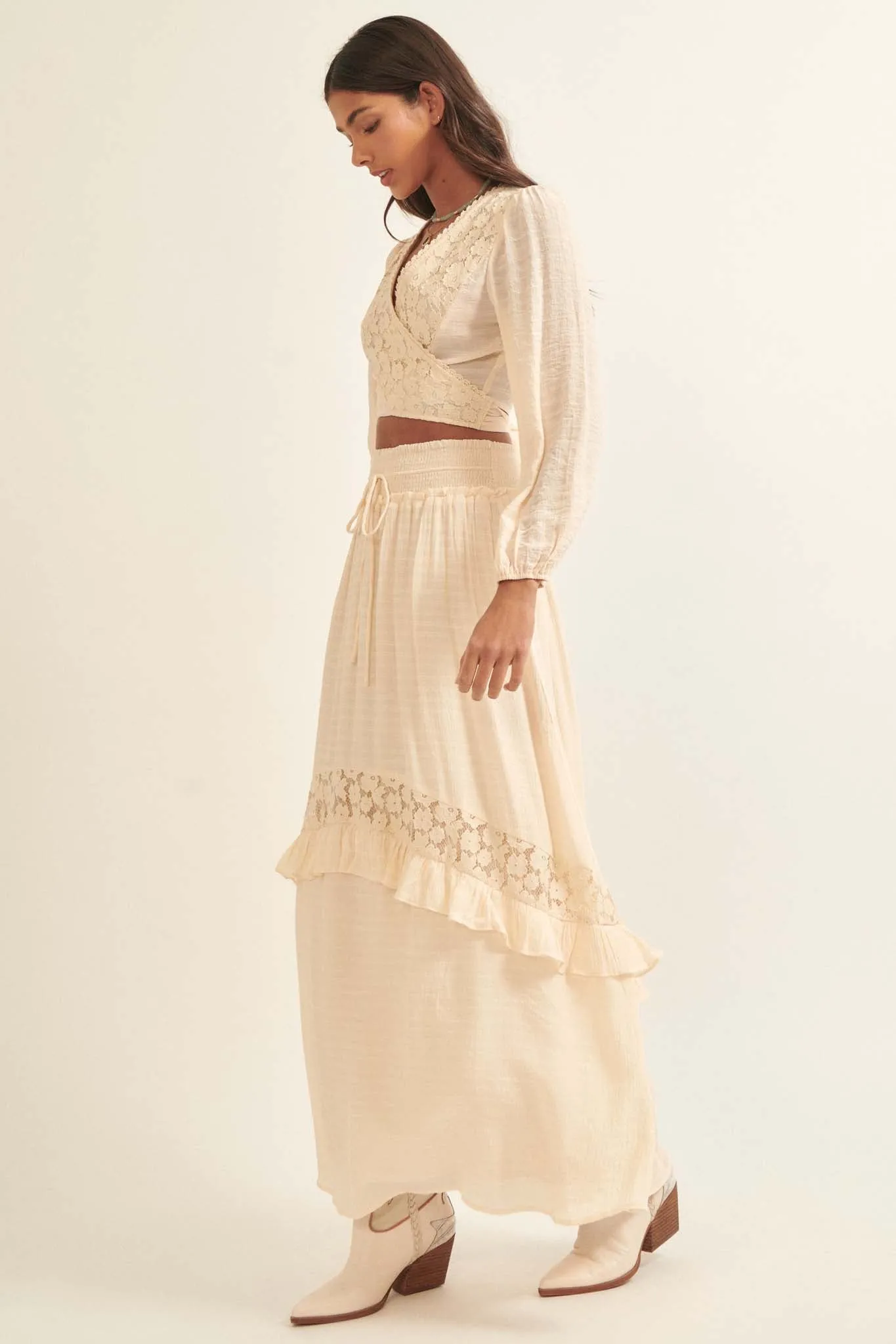 Prairie Creek Ruffled Lace-Trimmed Maxi Skirt