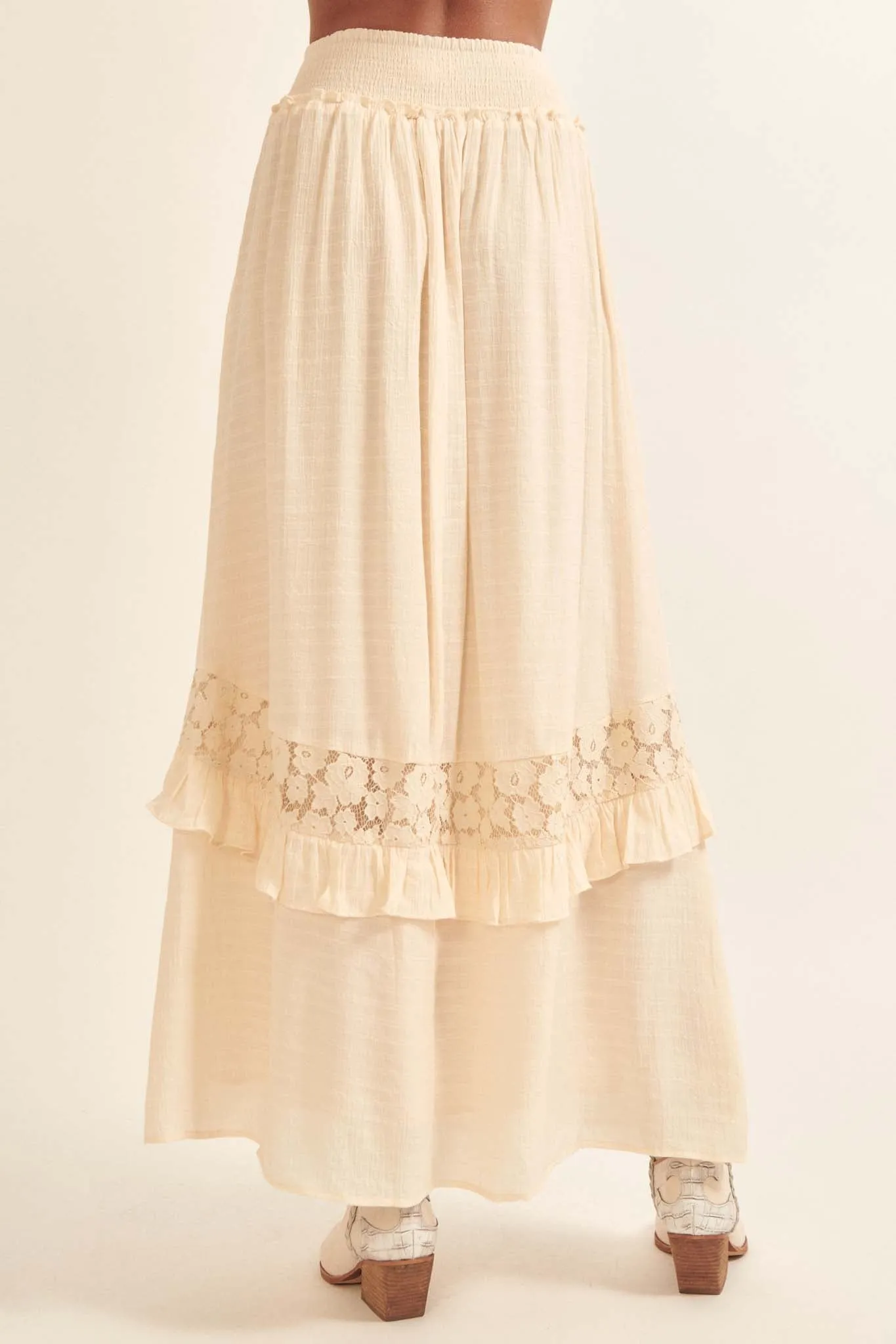 Prairie Creek Ruffled Lace-Trimmed Maxi Skirt
