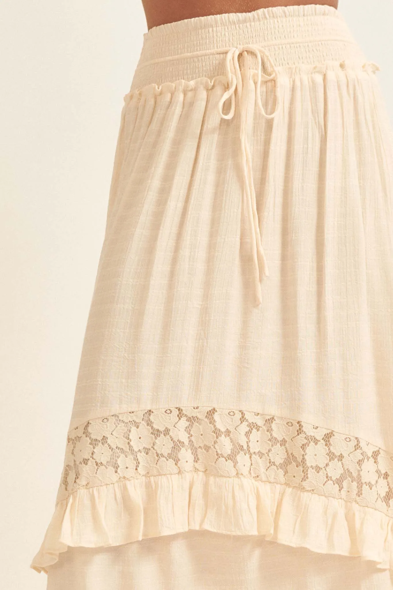 Prairie Creek Ruffled Lace-Trimmed Maxi Skirt