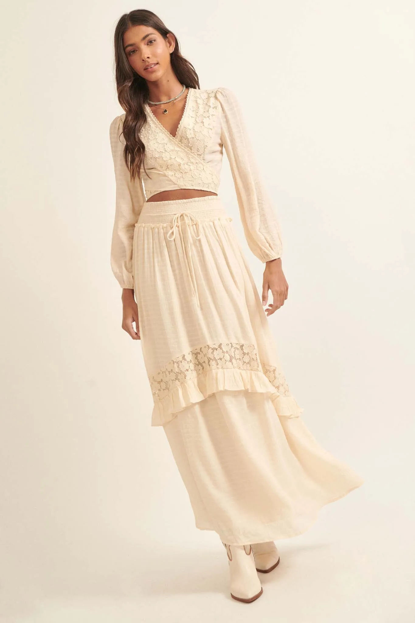 Prairie Creek Ruffled Lace-Trimmed Maxi Skirt