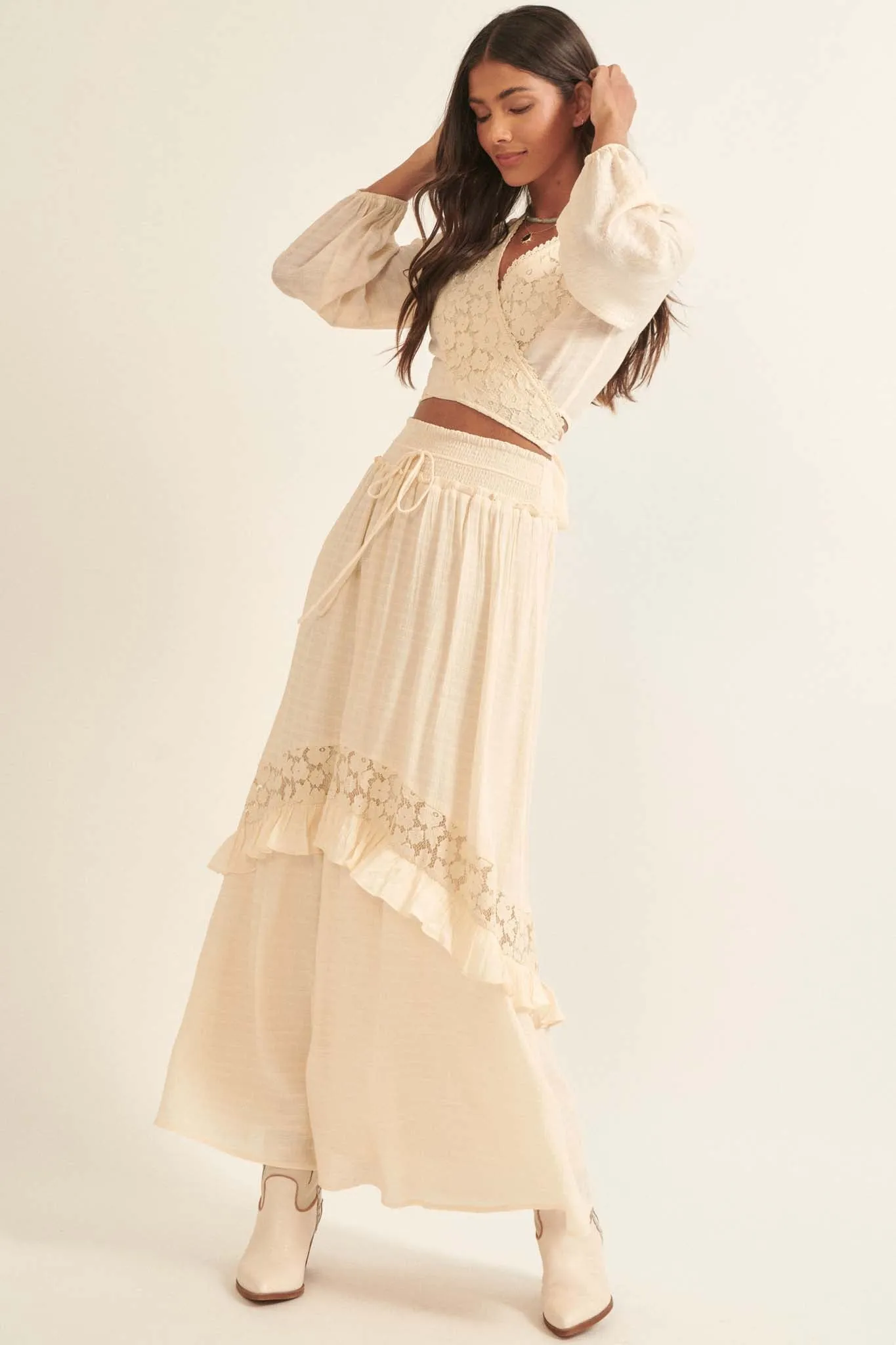 Prairie Creek Ruffled Lace-Trimmed Maxi Skirt