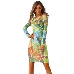 Print Long Sleeve Bodycon Dress