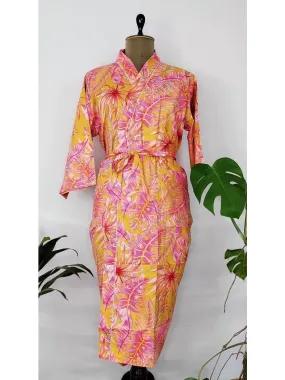 Pure Cotton Indian Handprinted House Robe Summer Kimono | Pink Red Yellow Mustard Floral Print Beach Coverup/Comfy Maternity Mom