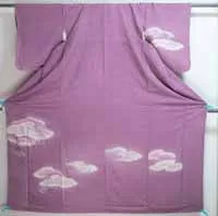 Purple Silk Japanese Houmongi - Clouds Fans with Hand-Drawn Lines - Background Diamond Pattern