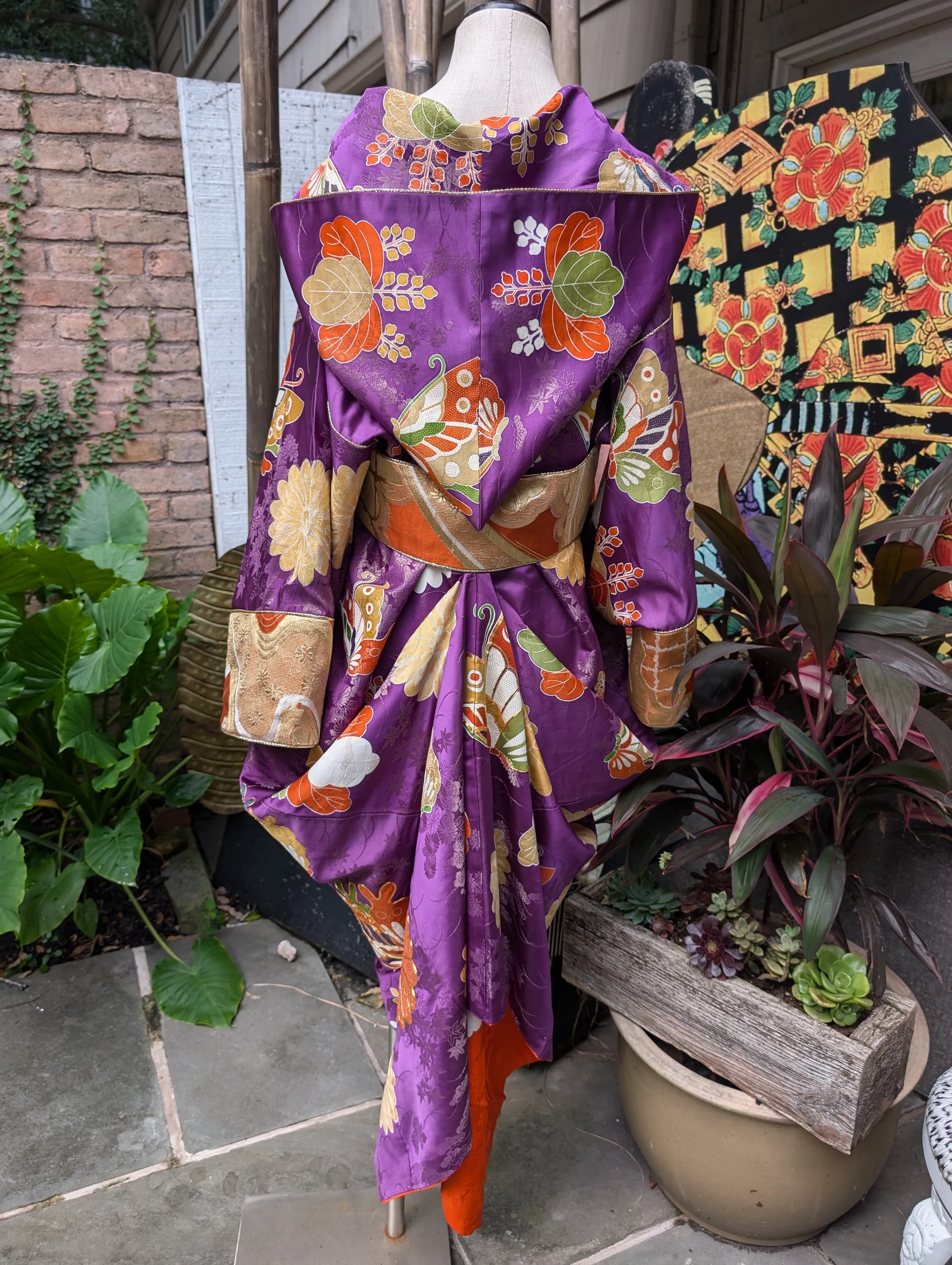 "Hooded Cocoon Coat Dress" Reimagined Vintage Kimono - Kimono Zulu Artist Collaboration with Judy Masliyah