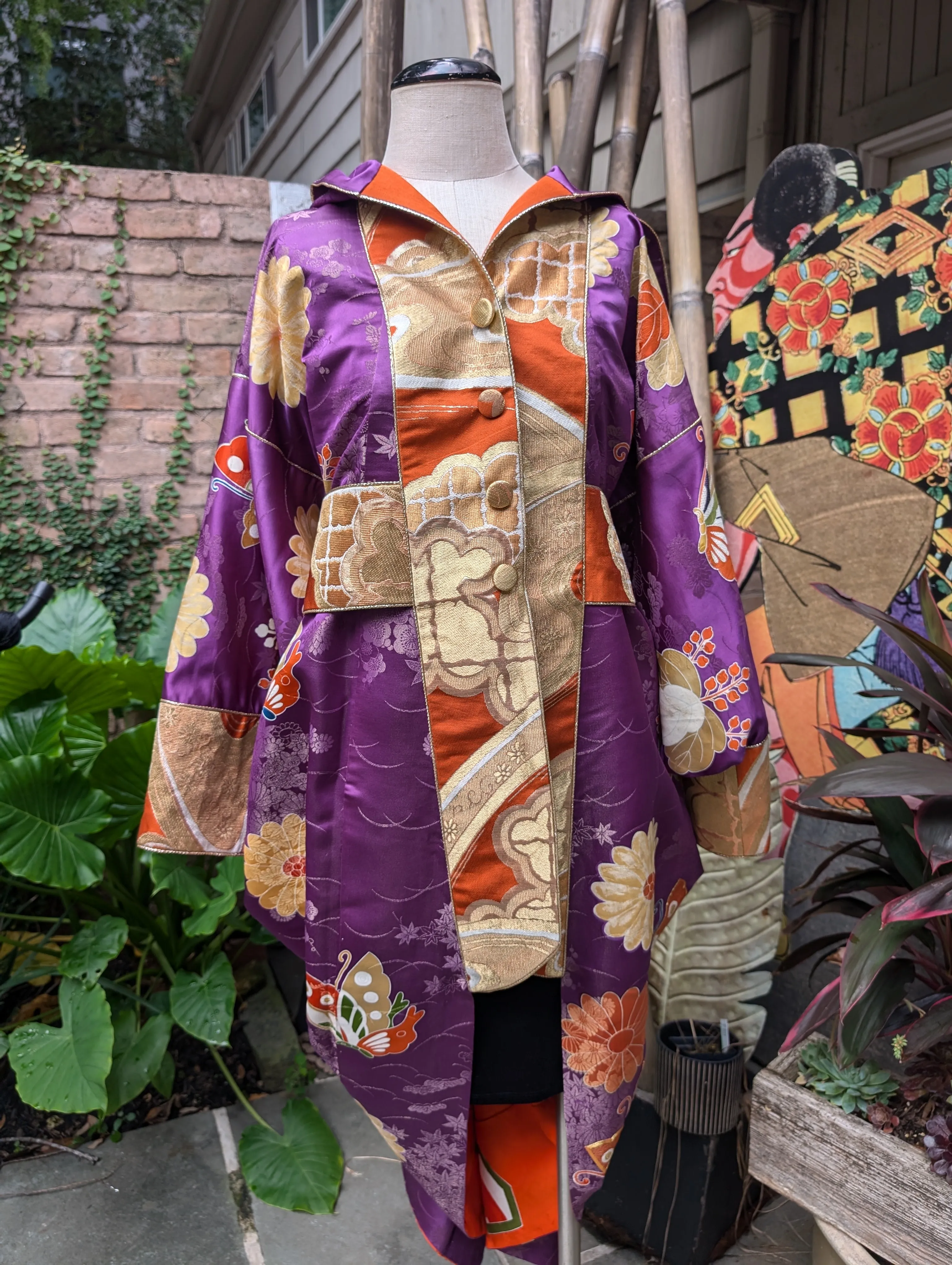 "Hooded Cocoon Coat Dress" Reimagined Vintage Kimono - Kimono Zulu Artist Collaboration with Judy Masliyah