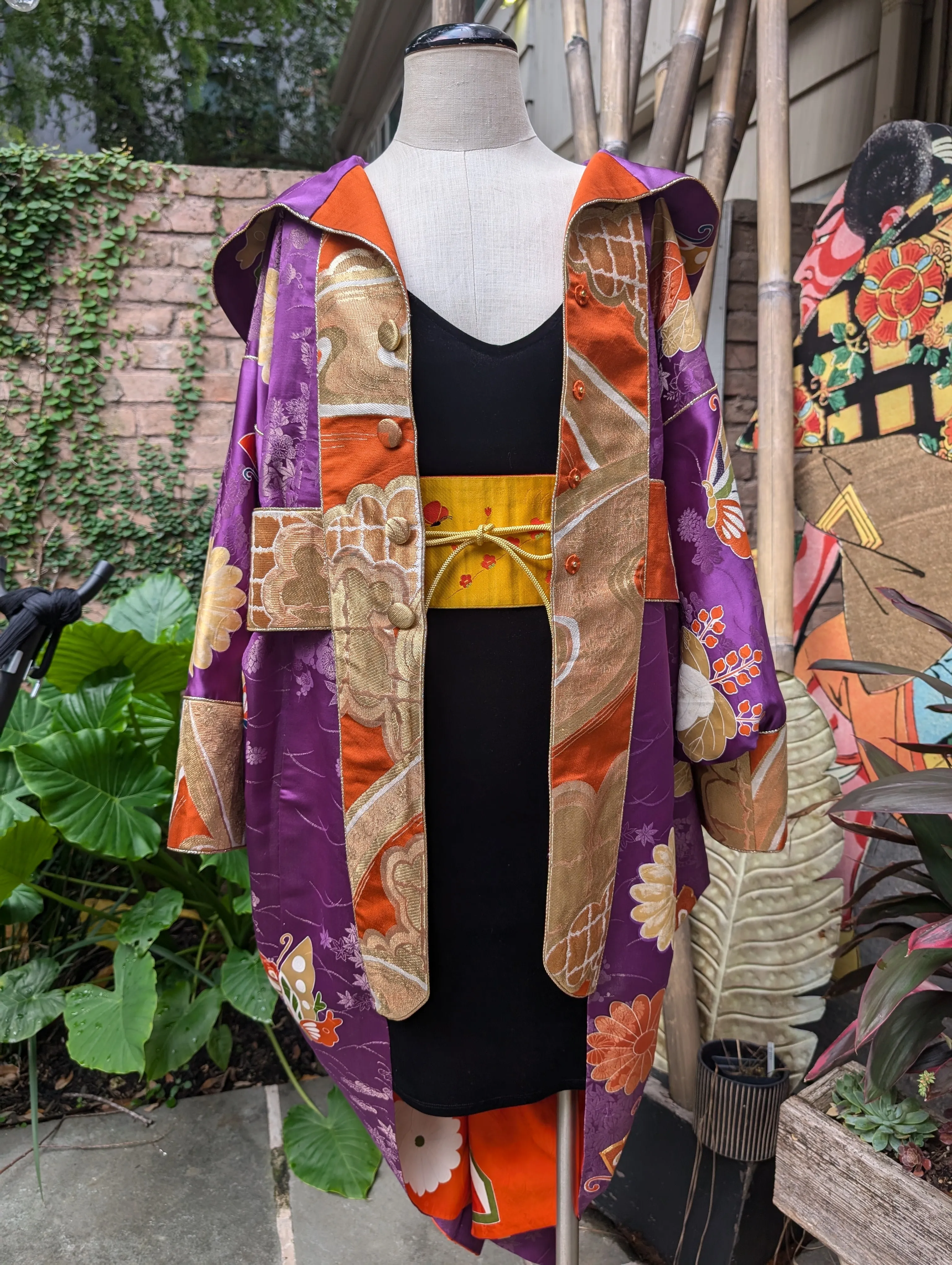 "Hooded Cocoon Coat Dress" Reimagined Vintage Kimono - Kimono Zulu Artist Collaboration with Judy Masliyah
