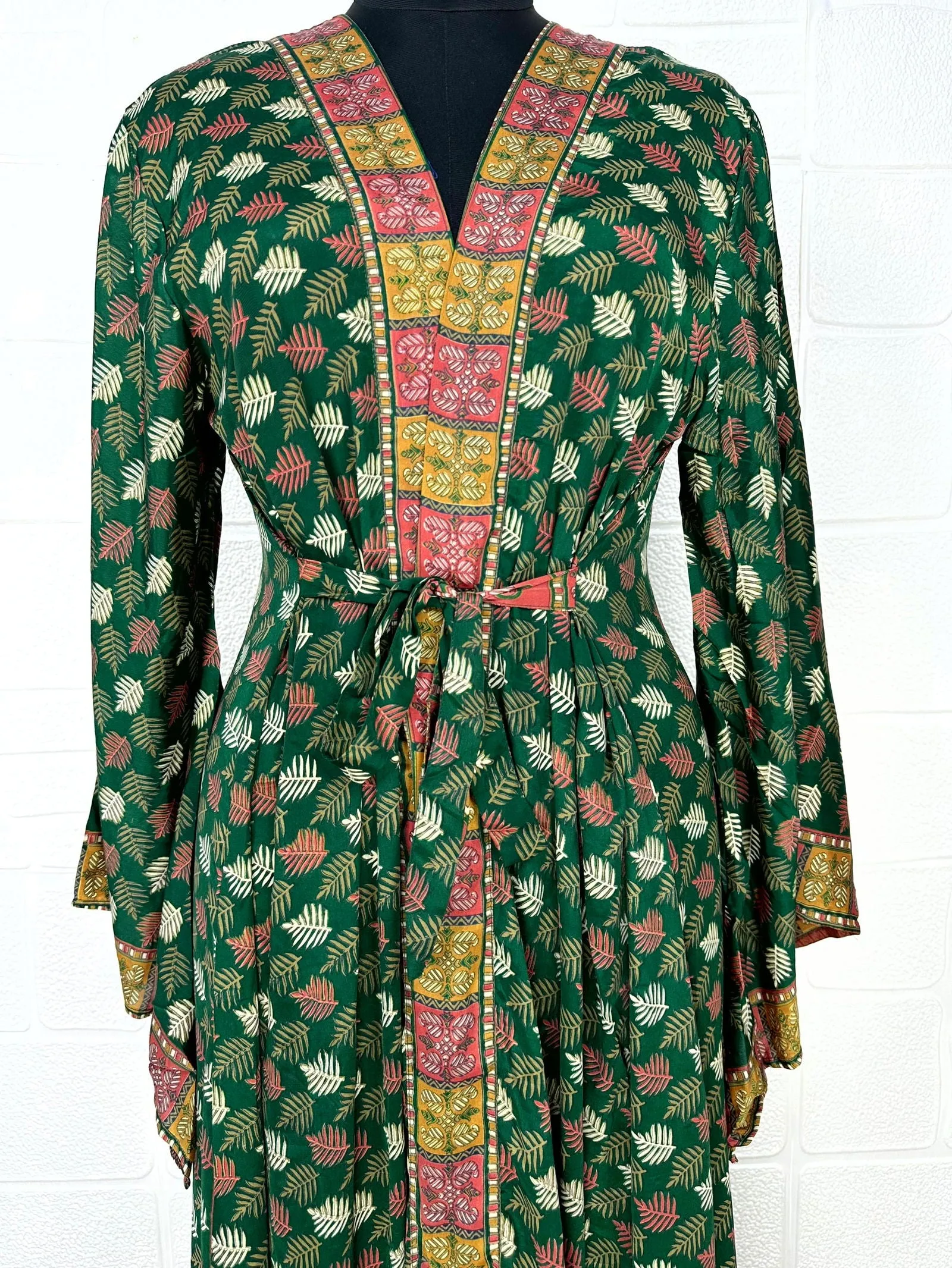 Recycle Boho House Robe Kimono Vintage Silk Sari Dressing Gown, Beach Coverup, Bridesmaid, Anniversary Gift Her | Leaf Print Green