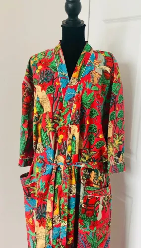Red Frida Kahlo Print Cotton Kimono Robe