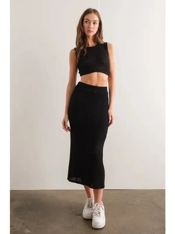 Ryleigh Waffle Maxi Skirt in Black