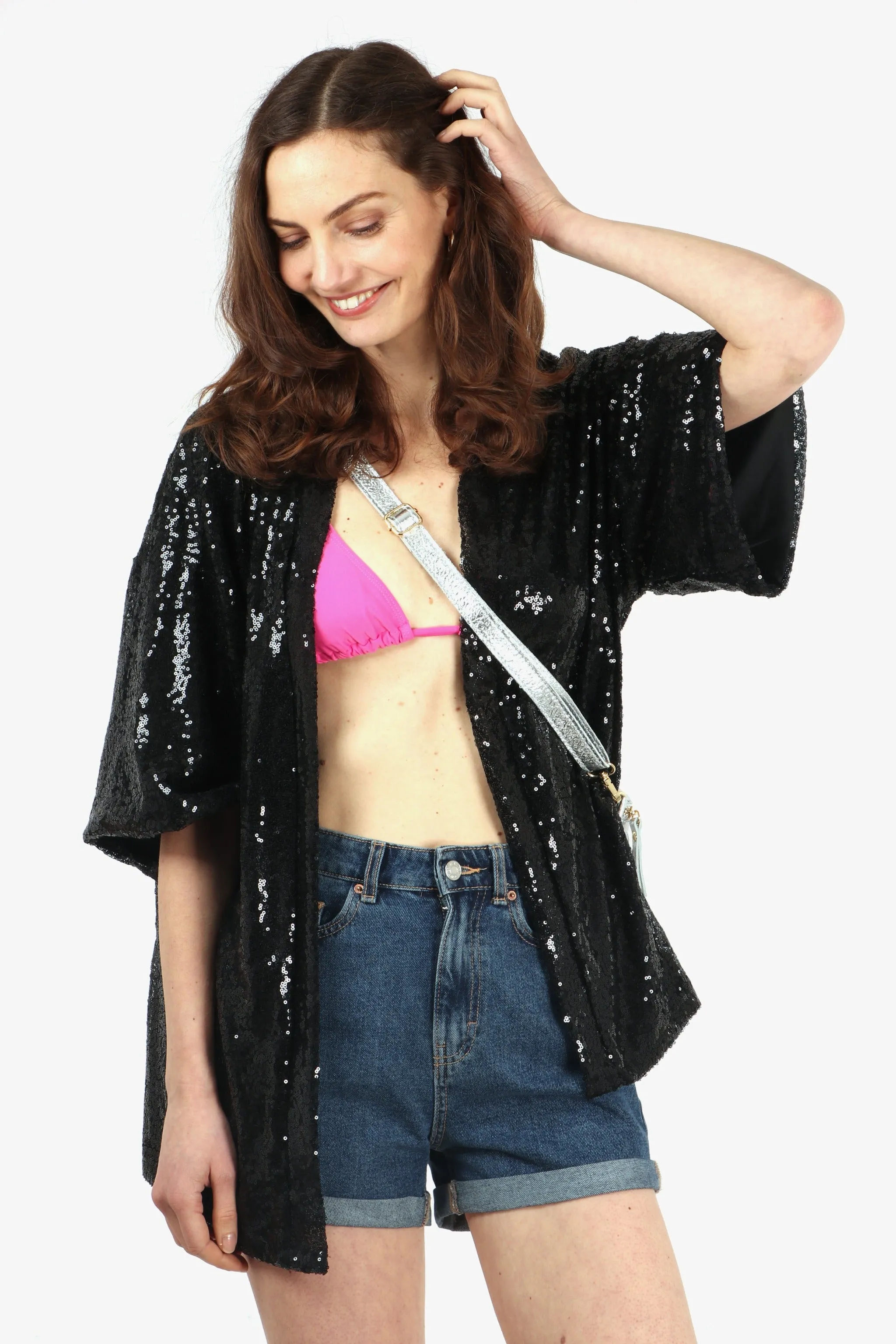 Sequin Kimono Jacket in Black