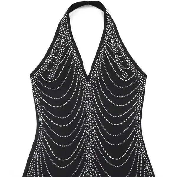 Sexy Backless Bodycon Midi Dress for Women – Summer Halter Front Split Rhinestone Party Dress with Diamonds for Nightclub