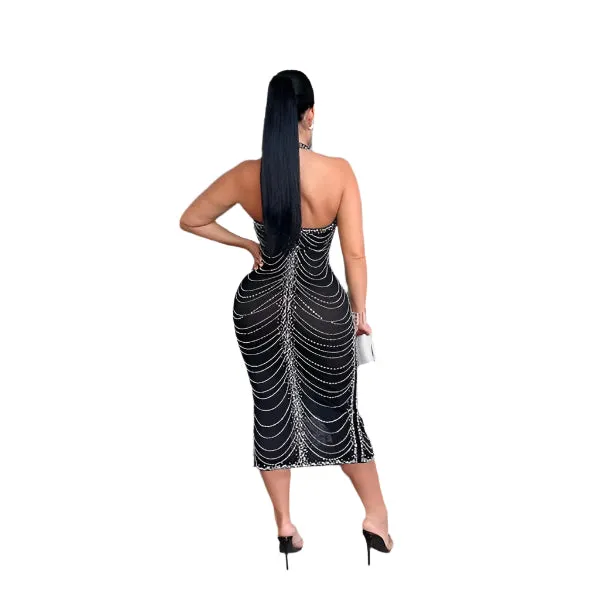 Sexy Backless Bodycon Midi Dress for Women – Summer Halter Front Split Rhinestone Party Dress with Diamonds for Nightclub