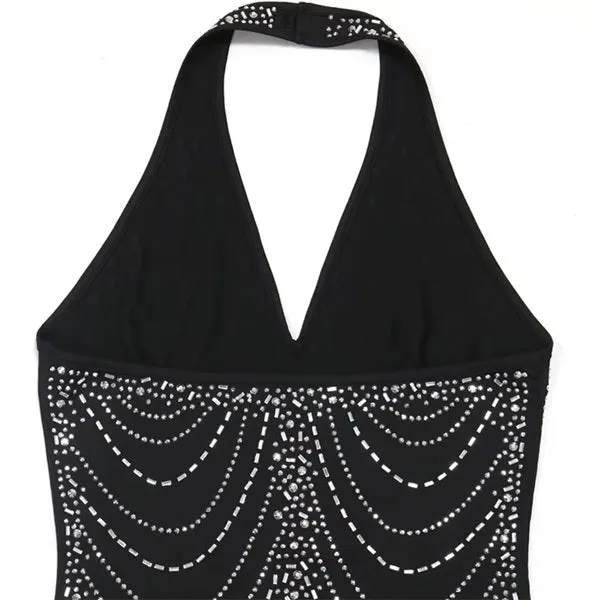 Sexy Backless Bodycon Midi Dress for Women – Summer Halter Front Split Rhinestone Party Dress with Diamonds for Nightclub