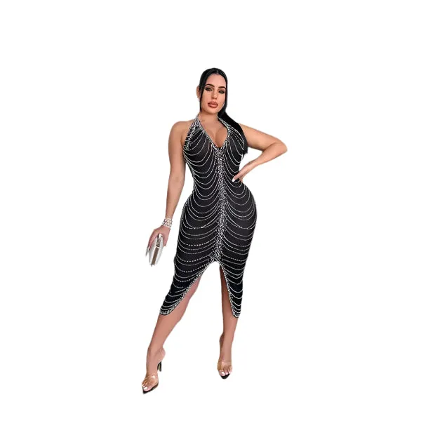 Sexy Backless Bodycon Midi Dress for Women – Summer Halter Front Split Rhinestone Party Dress with Diamonds for Nightclub