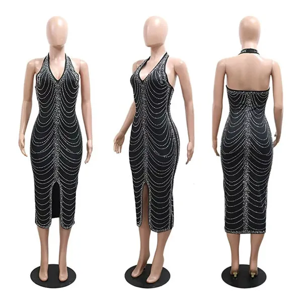 Sexy Backless Bodycon Midi Dress for Women – Summer Halter Front Split Rhinestone Party Dress with Diamonds for Nightclub