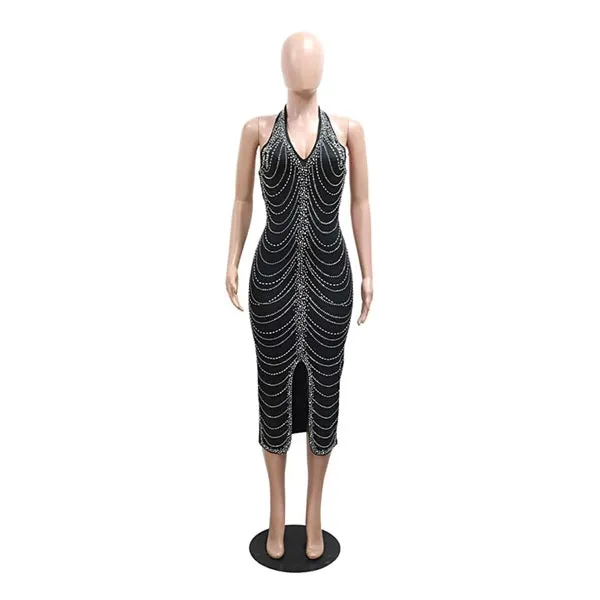 Sexy Backless Bodycon Midi Dress for Women – Summer Halter Front Split Rhinestone Party Dress with Diamonds for Nightclub