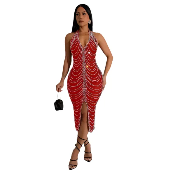 Sexy Backless Bodycon Midi Dress for Women – Summer Halter Front Split Rhinestone Party Dress with Diamonds for Nightclub