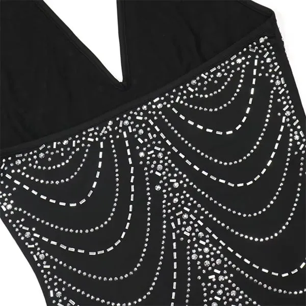 Sexy Backless Bodycon Midi Dress for Women – Summer Halter Front Split Rhinestone Party Dress with Diamonds for Nightclub